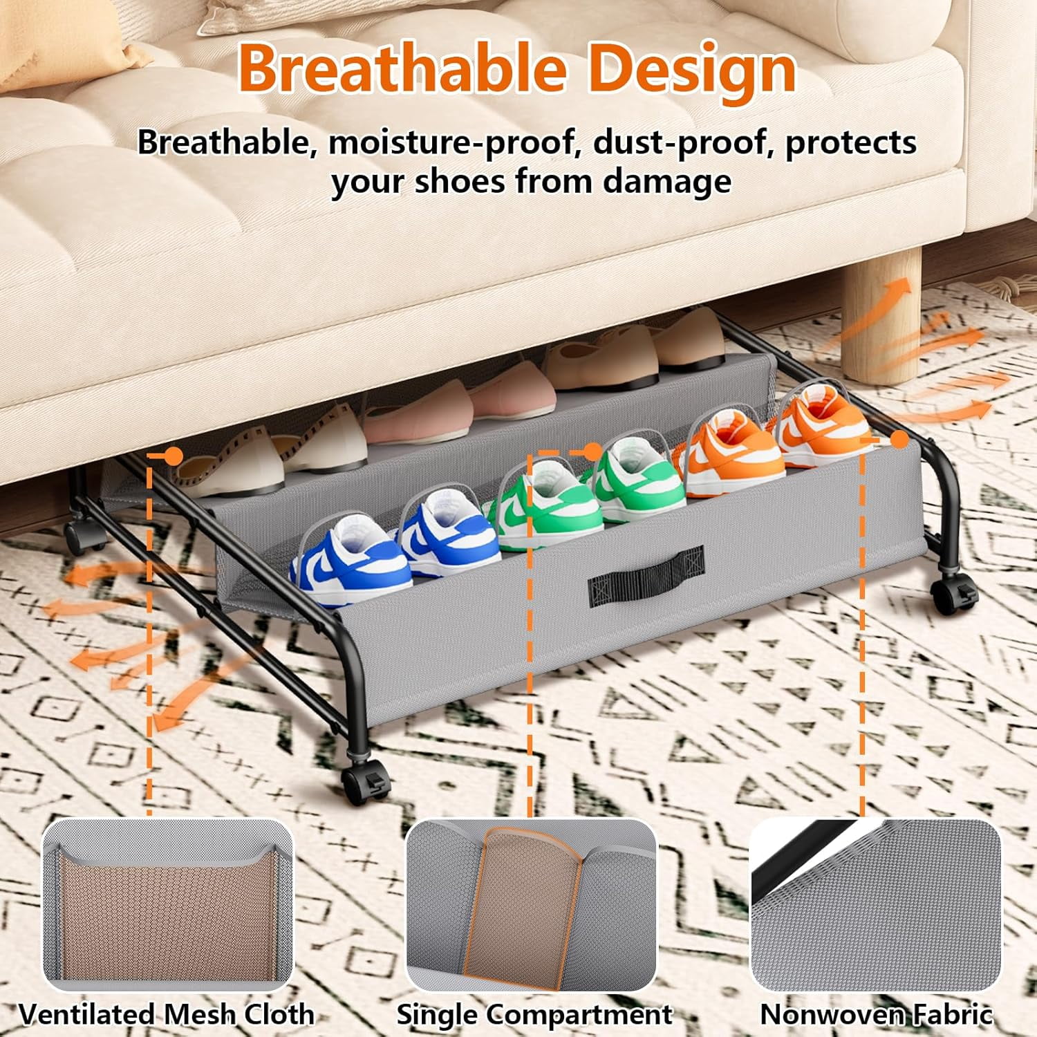 Under Bed Shoe Storage with Wheels, 2 Pack Rolling Under Bed Storage Containers for Shoes with Breathable Mesh Pockets, Metal Underbed Shoe Rack Organizer Bedroom Organization