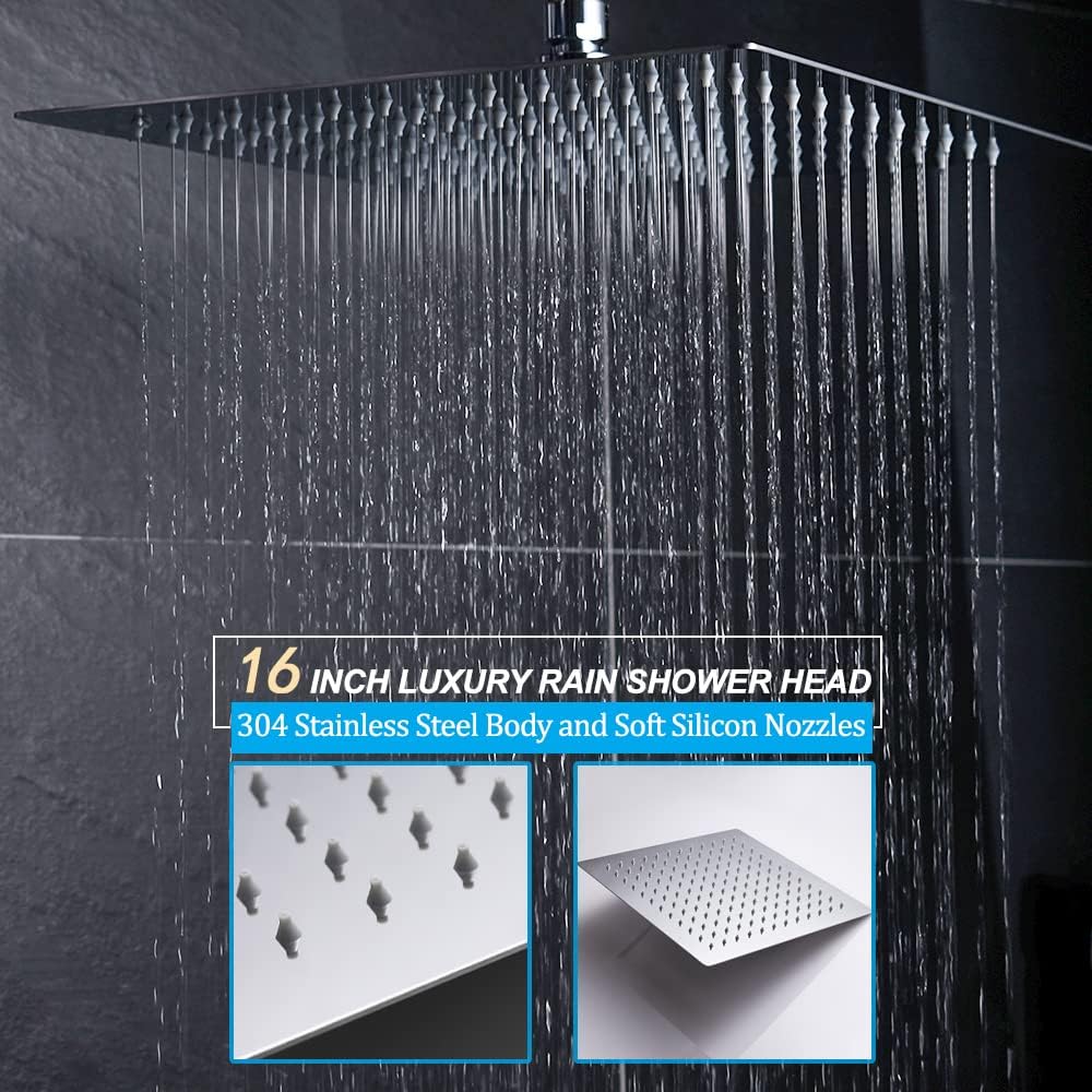 WHSHOWER Ceiling Mounted Thermostatic Rain Mixer Shower System Set 16 Inch Square Rainfall Shower Head With 4 Body Spray Jets And Brass Handshower Can Use All Options At A Time Brushed Nickel
