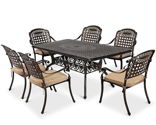 LEISU 7 Piece Cast Aluminum Patio Dining Set, Outdoor Dining Furniture Set with 6 Patio Chairs and Table for Backyard Garden Deck Poolside(6 Swivel Patio Chairs with Khaki Cushions)