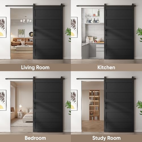 JUBEST 36" x 84" Barn Door, Slding Barn Door Kit Wave Shape Barn Door Panel with Hardware Kit Include, Easy Installation, Solid Wood, MDF & PVC Covered, Black
