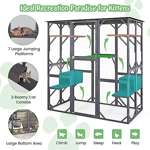 Tangkula Catio Outdoor Cat Enclosure Large, 72 Inch Tall Wooden Cat House with Weatherproof Asphalt Roof, Cat Cage Playpen on Wheels with 4 Platforms & 2 Resting Boxes, Walk-in Cat Kennel Condo
