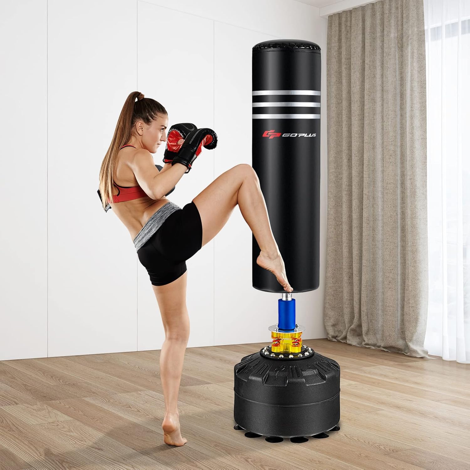 Goplus Freestanding Punching Bag, 220LBS Heavy Boxing Bag with Gloves, Shock Absorber, 12 Suction Cup Base, Kickboxing Bag with Stand for Adults Youth Men Women Home Gym