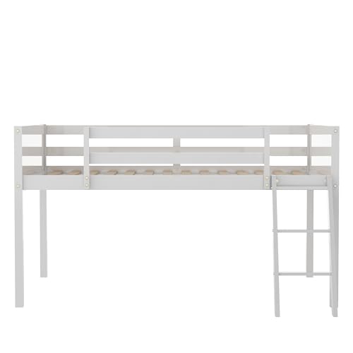 Full Size Wood Low Loft Bed with Convertible Ladder, Solid Wood Bed Frame with Safety Guardrail, 350 lbs Weight Capacity, No Box Spring Required, for Girl Boy Kid Bedroom (Gray-072)