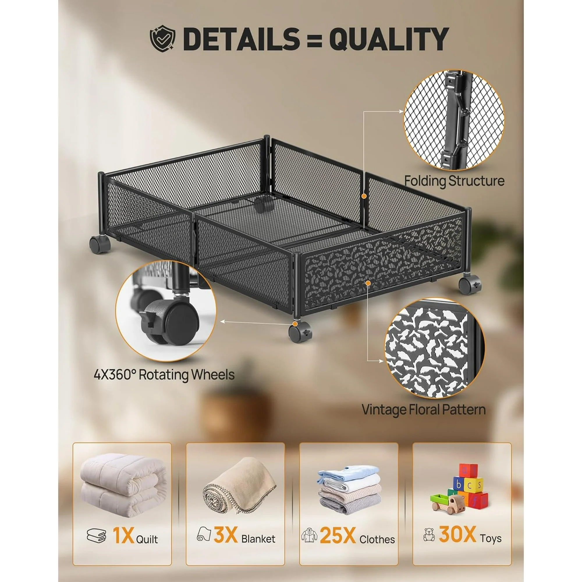 Under Bed Storage with Wheels, 2 Pack Foldable Metal Under Bed Storage Containers, 60L Rolling Underbed Storage, Easy Assembly Under The Bed Storage for Bedroom Clothes Shoes Blankets