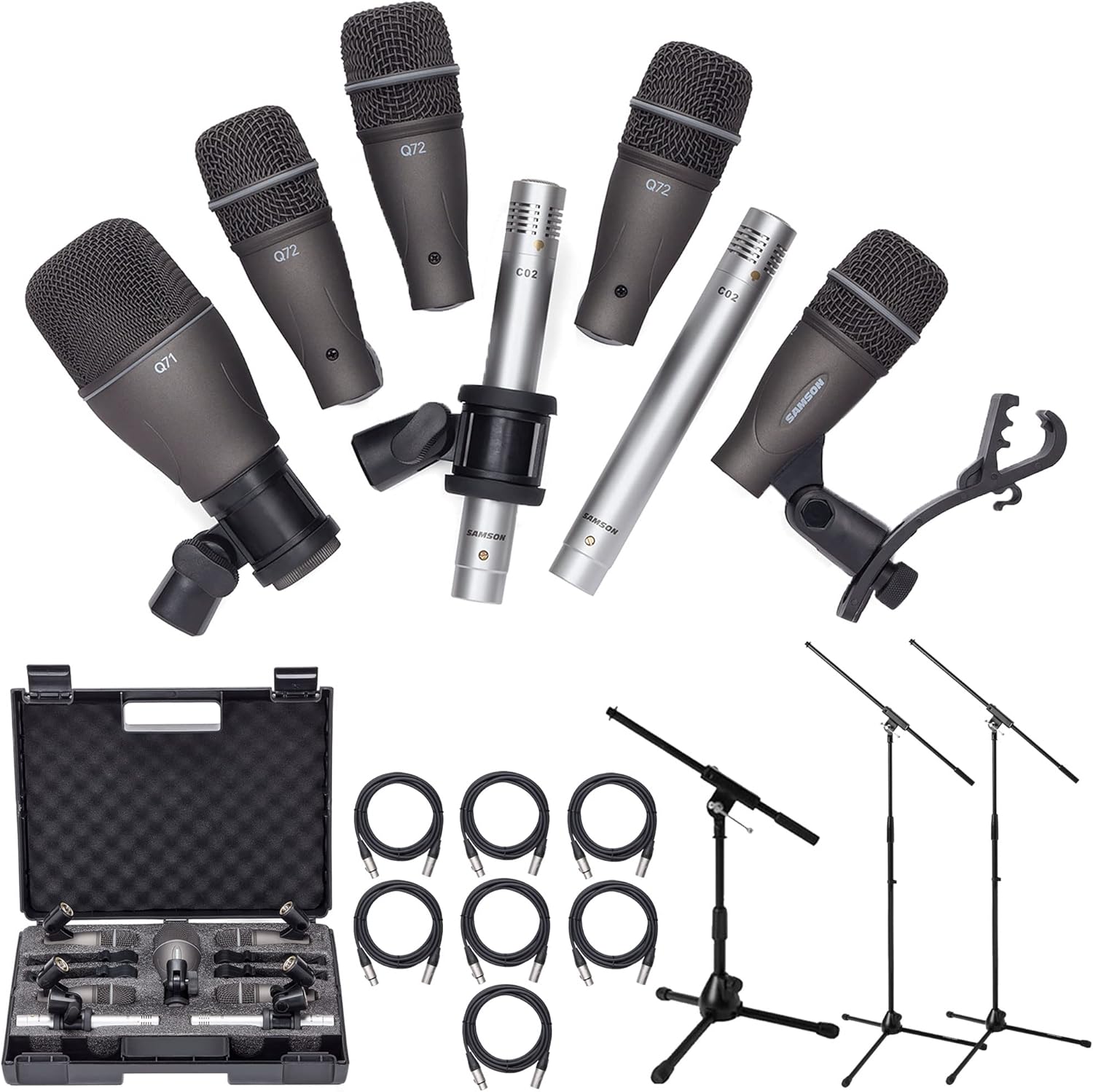 Samson DK707 7-Piece Drum Microphone Kit with 2 Tripod-Base Mic Boom Stands, Low Profile Microphone Stand with Telescoping Boom, and 7 Premium XLR Mic Cables