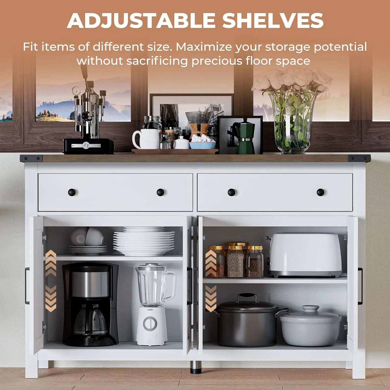 NLIBOOMLife 55" Sideboard Buffet Cabinet with   Coffee  Cabinet with 2 Drawers and 4 Barn Doors  Long  Cabinet Modern Farmhouse  White Wood  for Kitchen  Dining Room  Living Room