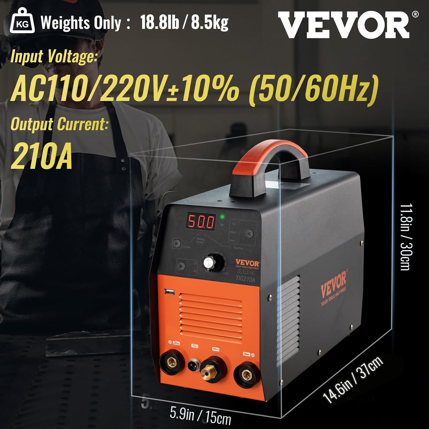 VEVOR 210Amp TIG Welder, Welder TIG 3 in 1, 110/220V Dual Voltage HF TIG/Stick/Clean Welding Machine with USB, IGBT Inverter & Torch, Digital Arc Welder