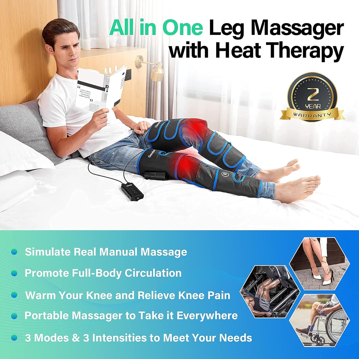 Rechargeable Leg-Massager for Circulation with Heat, Portable & Cordless Air Compression Leg Massager for Muscles Relaxation, Massage Calf & Thigh, Handheld Controller with 3 Modes 3 Intensities