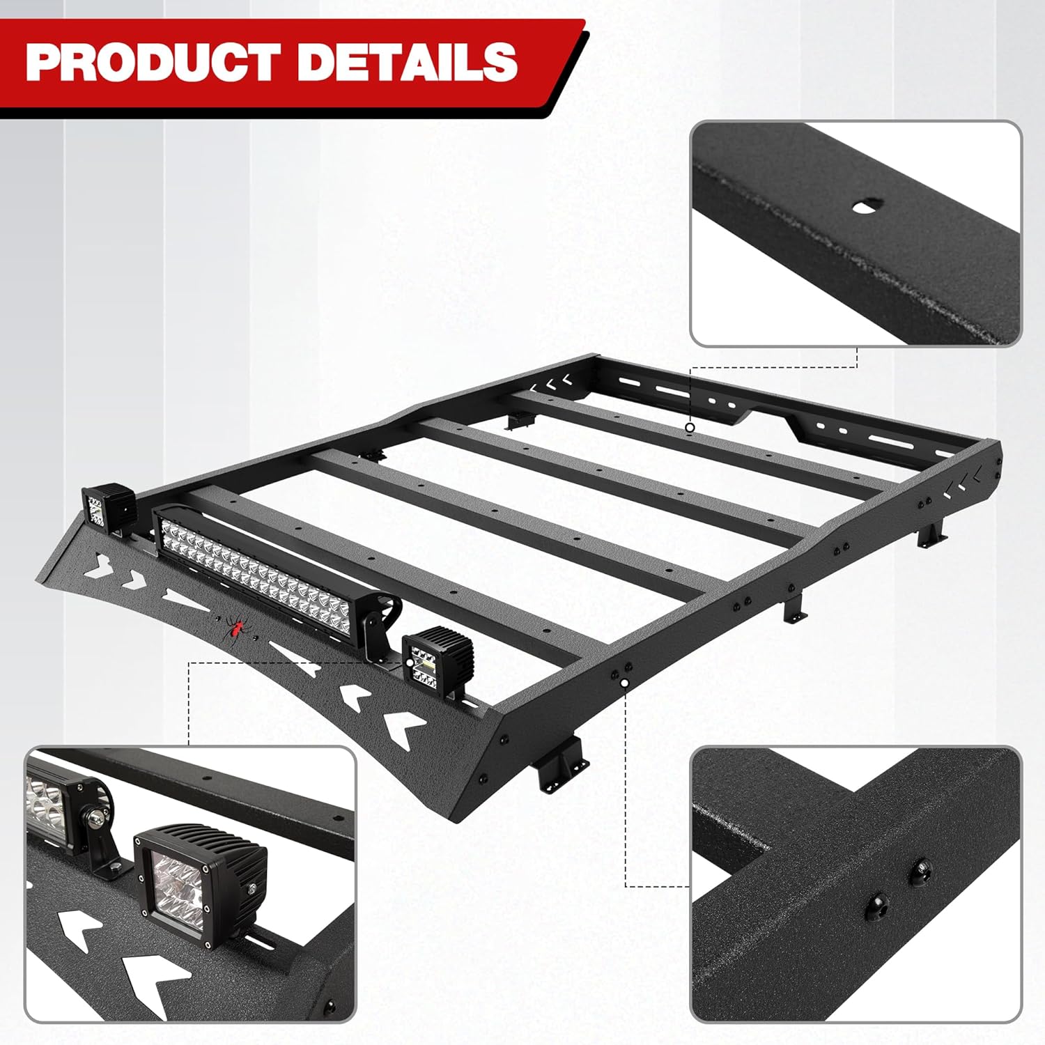 Roof Rack for Tacoma Roof Rack Cargo Carrier Heavy Duty Top Roof Basket Rack Extension with 2 X 18W LED Lights and 1 X 144W Light Bar Fit for Toyota Tacoma 2005-2022