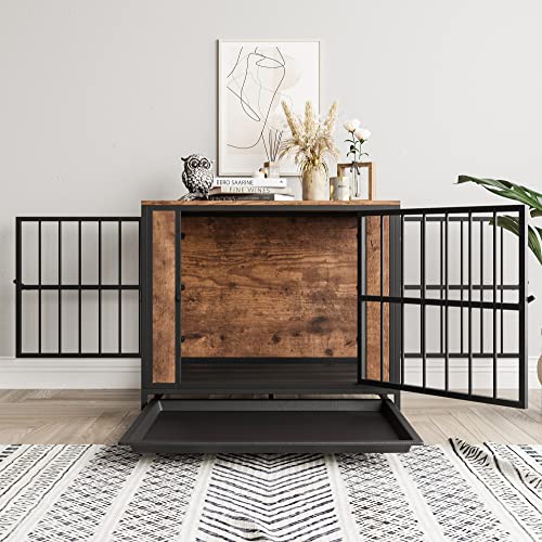 Dog Crate Furniture, Metal and Wooden Dog Crate, Dog Kennels with 3 Doors Indoor, Pet Puppy Crate End Table for Small/Medium/Large Dog, Heavy Duty Dog House, Rustic Black and Brown