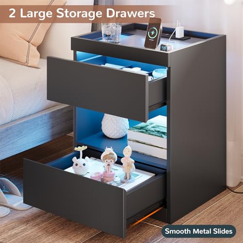 VIAGDO Set of 2 Nightstands with Charging Station and LED Lights, LED Night Stand Set 2 with 2 Drawers and Drawer Organizer, Modern Glass Top Bedside Tables, End Side Tables for Dorms, Bedrooms