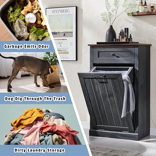 Double Tilt Out Trash Cabinet, Dog Proof Trash Can Cabinet, Farmhouse Hidden Laundry Hamper Cabinet with Barn Door, 10 Gallon Garbage Can Bin Cabinet with Storage Basket for Kitchen (Dark Grey)