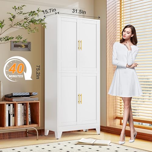 75.2" Tall Metal Pantry Cabinet, Storage Cabinets with 4 Door and 4 Adjustable Shelves, Black Kitchen Pantry Storage Cabinet, Freestanding Cupboard for Kitchen Dining Room Living Room Bathroom
