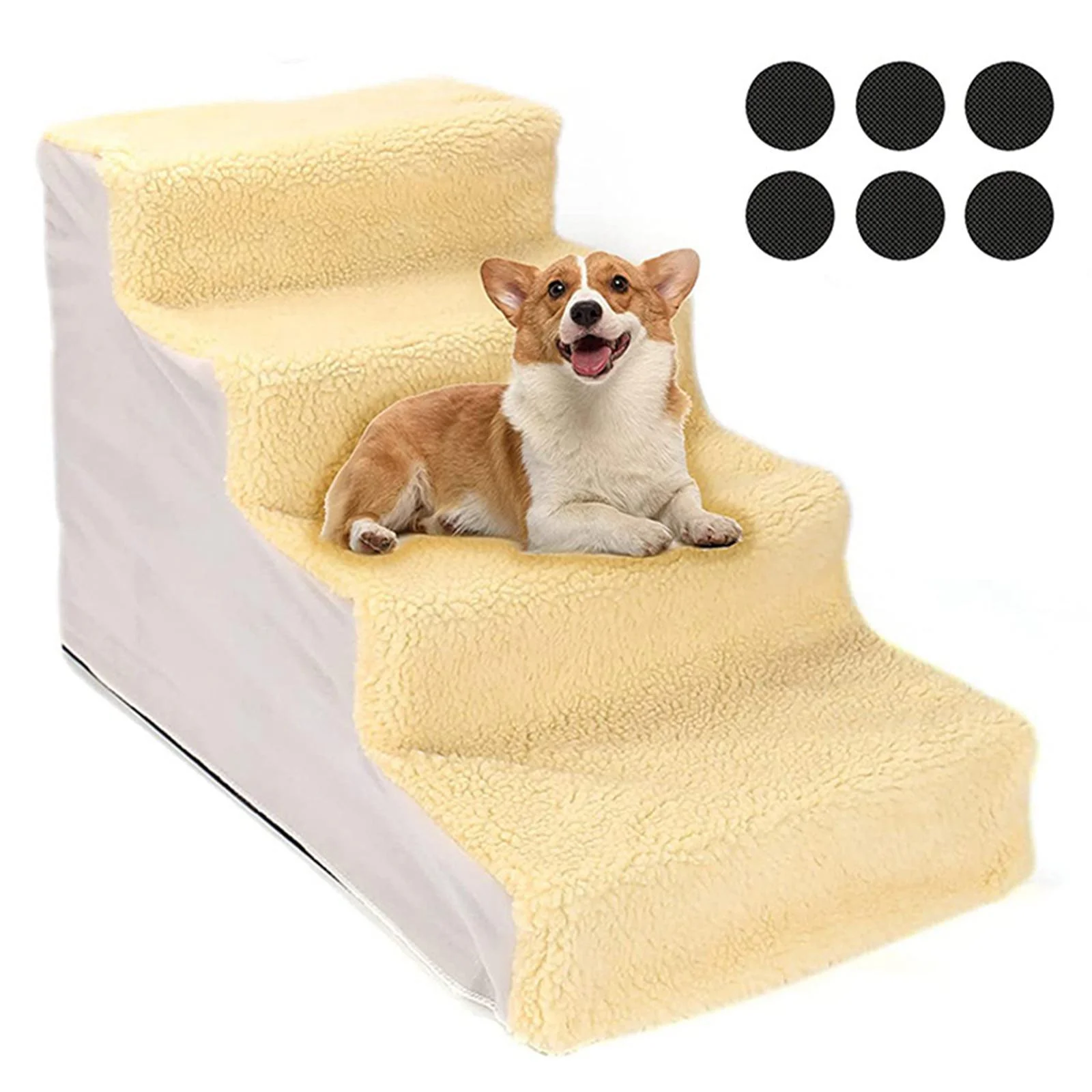 Portable Dog Stairs Ladder Ramp Warm Cover Non Slip Detachable Climbing Washable Stairs Step Pet Supplies for High Bed Indoor , Yellow