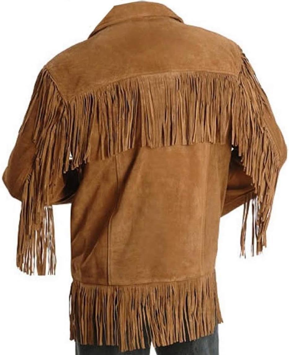 Men's Traditional Cowboy Western Leather Jacket Brown Coat with Fringe Native American Jacket Suede-L
