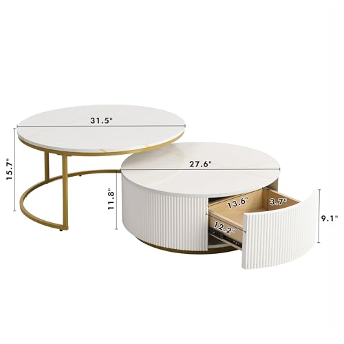 Round Nesting Coffee Table Set of 2 with Drawers, Stacking Sofa Side Furniture w/White Glossy Marble Veneer Top, Gold Frame, Fluted Design, for Living Room
