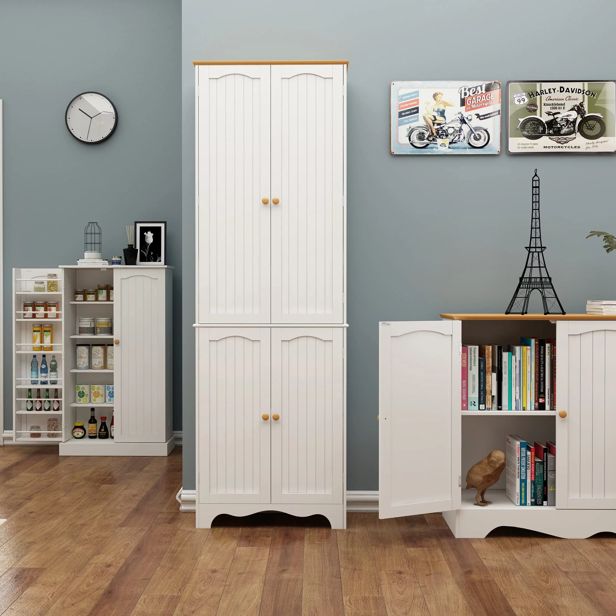 Yusong 72'' Tall Kitchen Pantry Cabinet, Farmhouse Storage Cabinet with 4 Doors and 2 Adjustable Shelf, Freestanding Wooden Cupboard Buffet for Home Dining Room Living Room Entryway, White and Honey