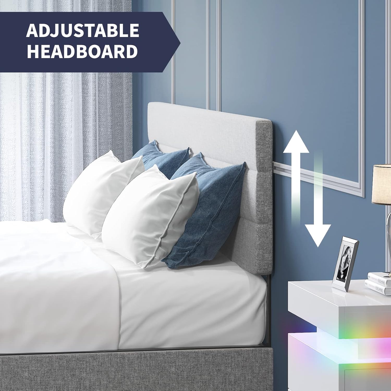 King Bed Frame with 2 Storage Drawers,Platform King Size Bed Frame with Linen Adjustable Headboard,Wooden Slats Mattress Foundation,No Box Spring Needed,Easy Assembly,Light Grey