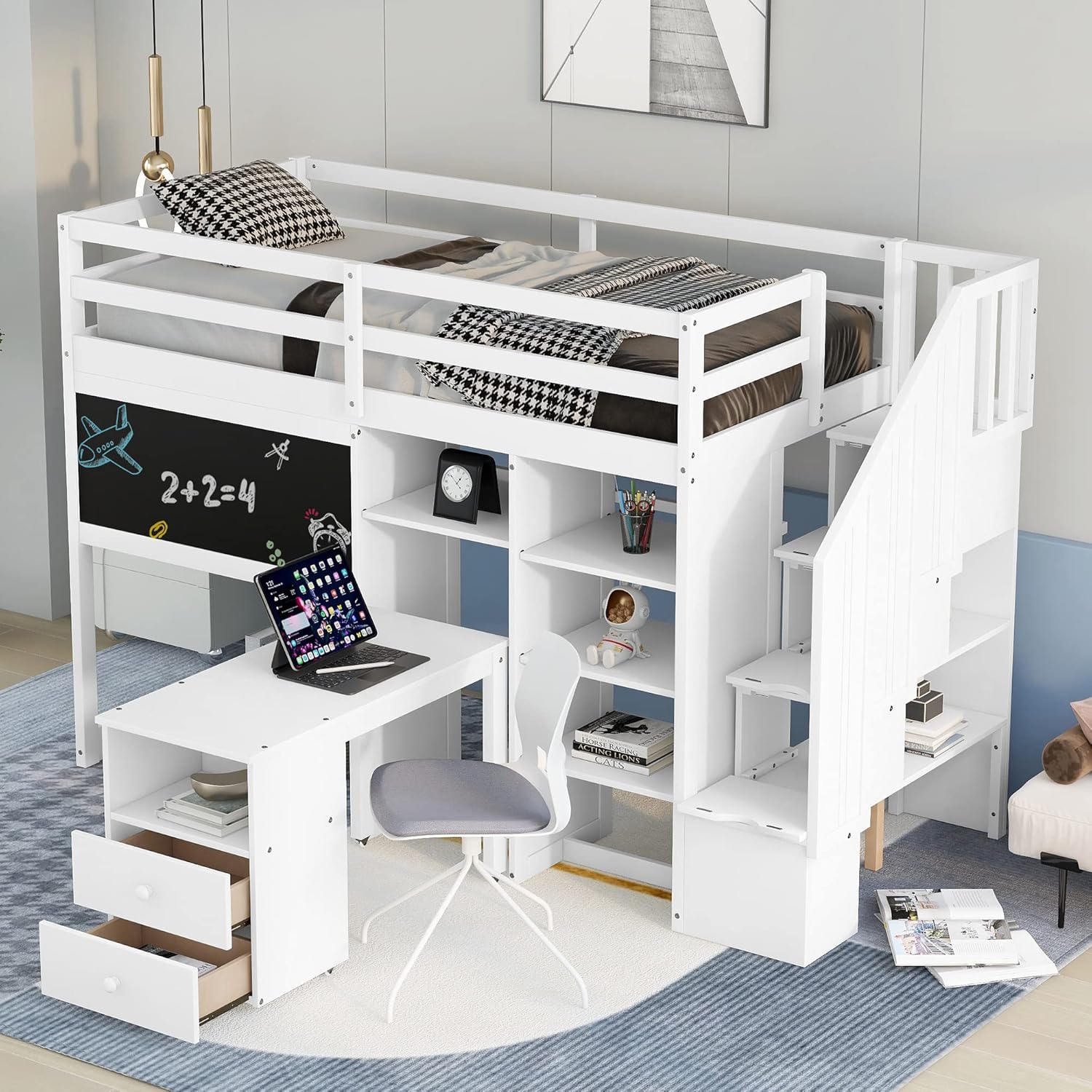 Harper & Bright Designs Twin Size Loft Bed with Stairs and Desk, Solid Wood Loft Bed with Storage Shelves and Blackboard, for Bedroom Dorm Boys Girls Adults (Twin, White)