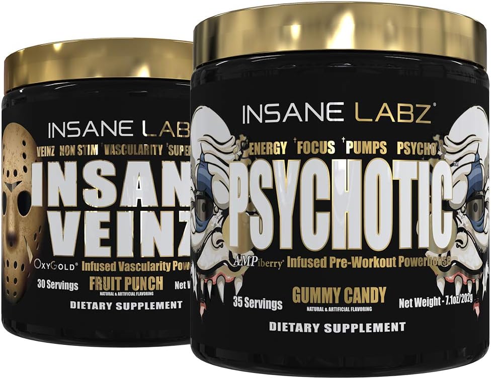 Insane Labz Psychotic Gold and Insane Veinz Gold Pre Workout Nitric Oxide Booster Stack, Increase Muscle Mass, Vascularity, Strength, Energy, Focus, Gummy Candy and Fruit Punch. Pack of 2
