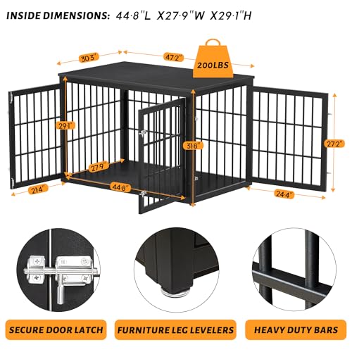48 Inch Heavy Duty Dog Crate Furniture for Large Dogs, Decorative Pet House End Table, Extra Large Wooden Cage Kennel Furniture Indoor, Natural and White