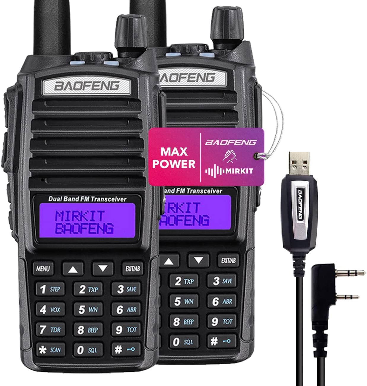 Mirkit Ham Radio Baofeng UV-82 MK5 8 Watt Max Power Two Way Radio with Baofeng Battery 2800 mAh for Your Tactical Radio & Mirkit Software for Walkie Talkie