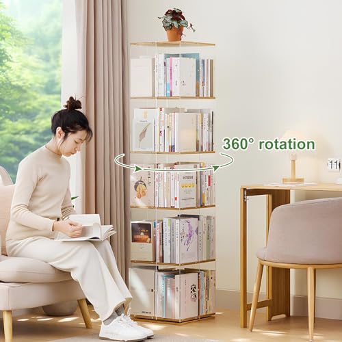 360° Rotating Bookshelf Tower, Acrylic Book Display Case, Revolving Bookcase for Kids & Adults, Space-Saving Swivel Storage Rack for Bedrooms, Living Rooms, Game Rooms, 4layer, A-style