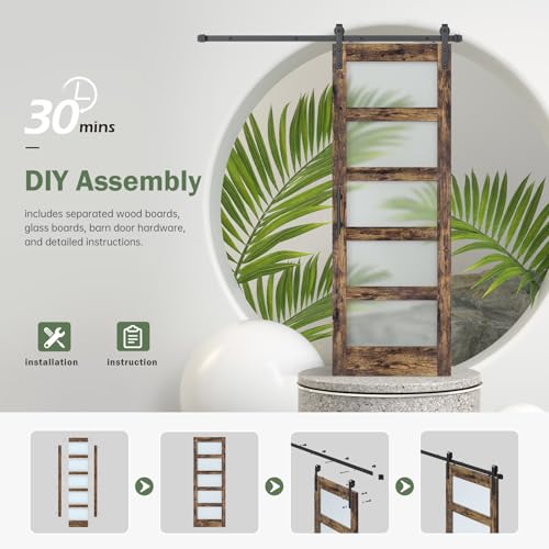 36x84 Inch Glass Sliding Barn Door Slab and 6.6ft Hardware Kit Included, 5 Frosted Glass, LVL Wood Panel Covered with White Water-Proof Scratch-Proof PVC Surface, Simple DIY Assembly
