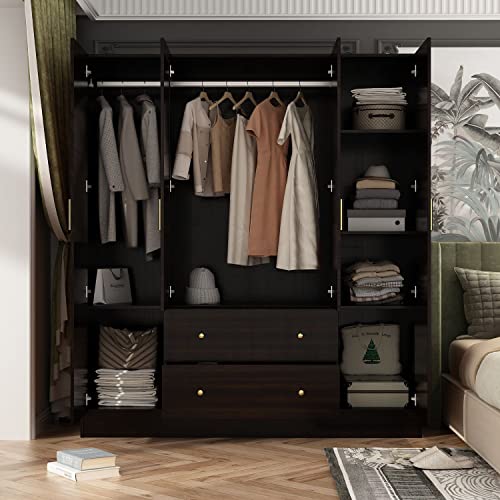 FAMAPY 4-Door Wardrobe Closet with Mirror, Armoires and Wardrobes with Drawers and Shelves, Armoire Wardrobe Closet with Hanging Rod, White (63”W x 19.7”D x 70.9”H)