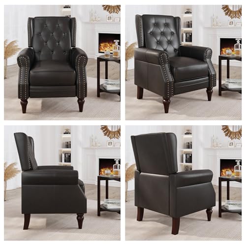 Lazy Boy Recliner Chair, Faux Leather Wingback Chair, Single Sofa Chair with Rivet Trim and Tufted Button, Club Chair with Wooden Legs, Pushback Arm Chair for Living Room Bedroom Club Cafe, Matt Brown