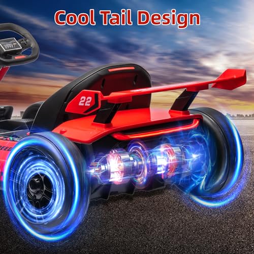 24V Electric Go Kart for Kids，Powerful Drift Kart with Adjustable Seat, 2x150 Motor, 8.5 Mph Speed, 4 Speed Modes, Led Lights, Music, and Honking Horn for Ages 6-12,Red