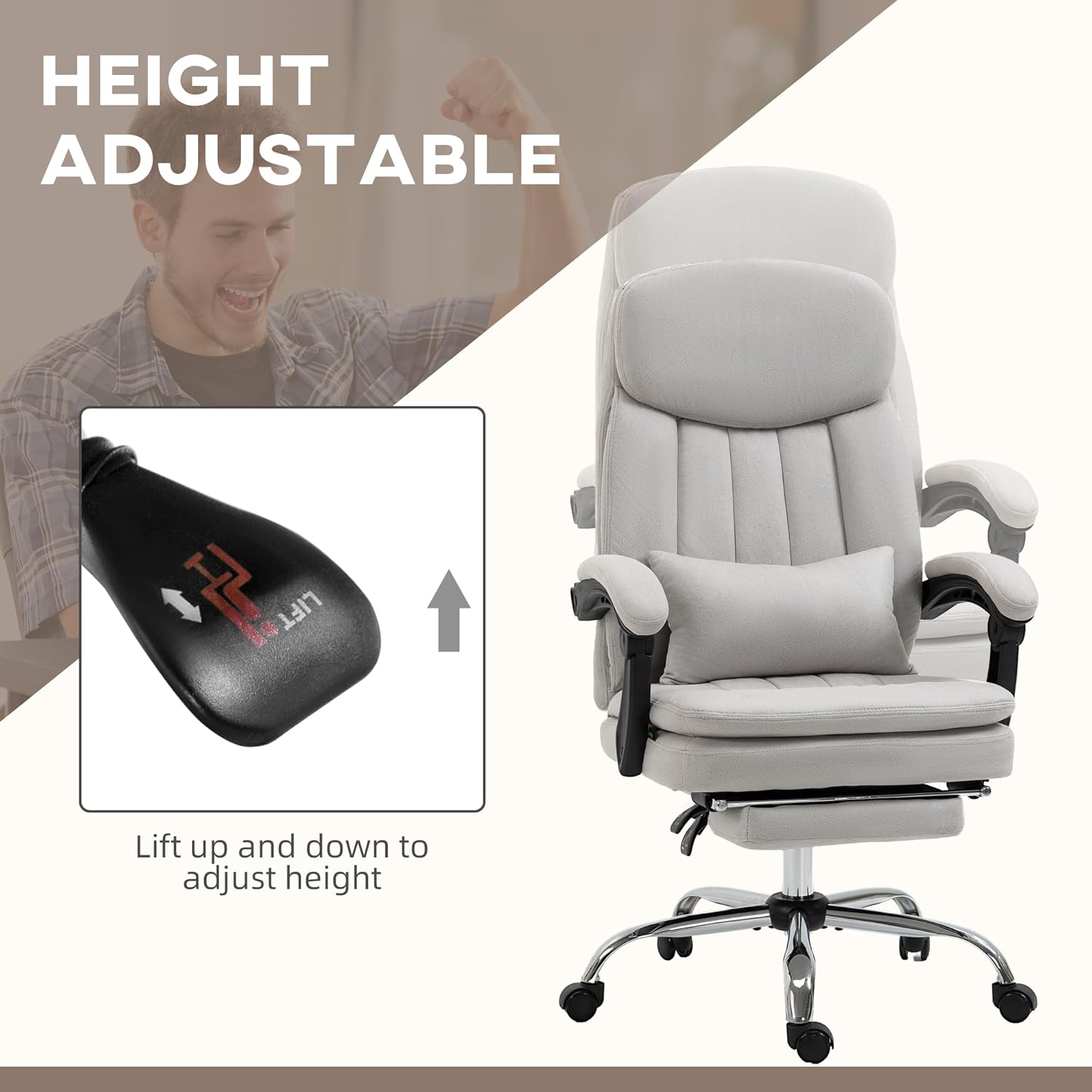 Executive Massage Office Chair, Swivel Computer Desk Chair, Microfibre Heated Reclining Computer PU Leather Chair with Lumbar Support Pillow, Light Gray