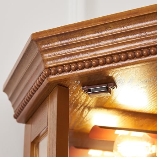 Suteck Corner Curio Cabinet with Lights, Adjustable Tempered Glass Shelves, Mirrored Back, Display Cabinet,Cherry (E26 light bulb not included)