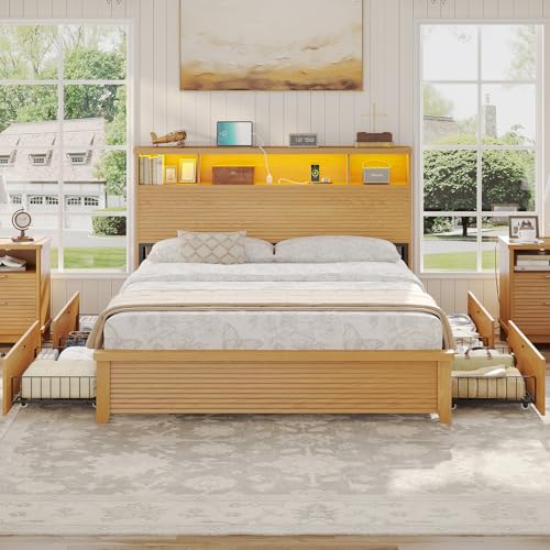 VIAGDO Wood Bed Frame Full Size with 4 Storage Drawers and Charging Station, Fluted Led Full Bed Frame with 2 Tier Storage Headboard, No Box Spring Needed,Wood