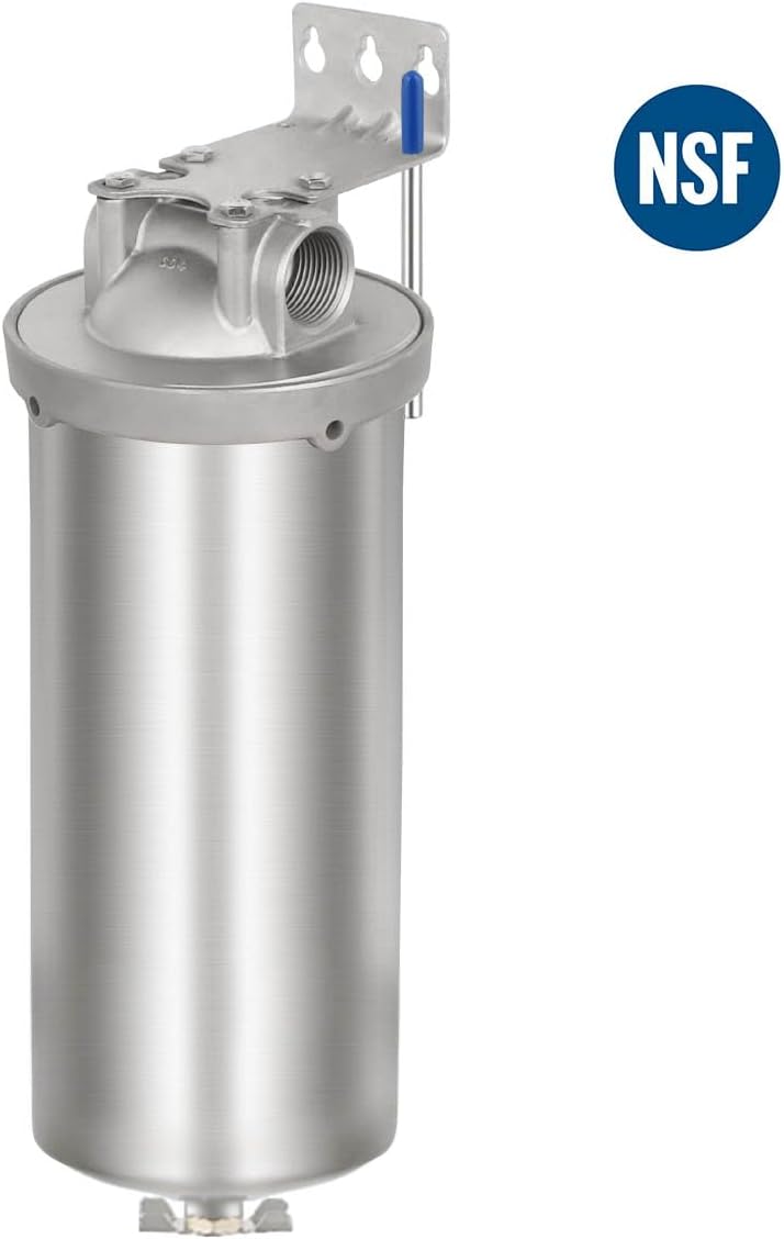 Amwater NSF/ANSI 42 Certification Stainless Steel Jumbo Filter Housing for 10”Length,4.5"OD Filter Cartridge, 1in NPT Inlet and Outlet/Filter Cartridge 10”Length,4.5"OD(50 Micron)