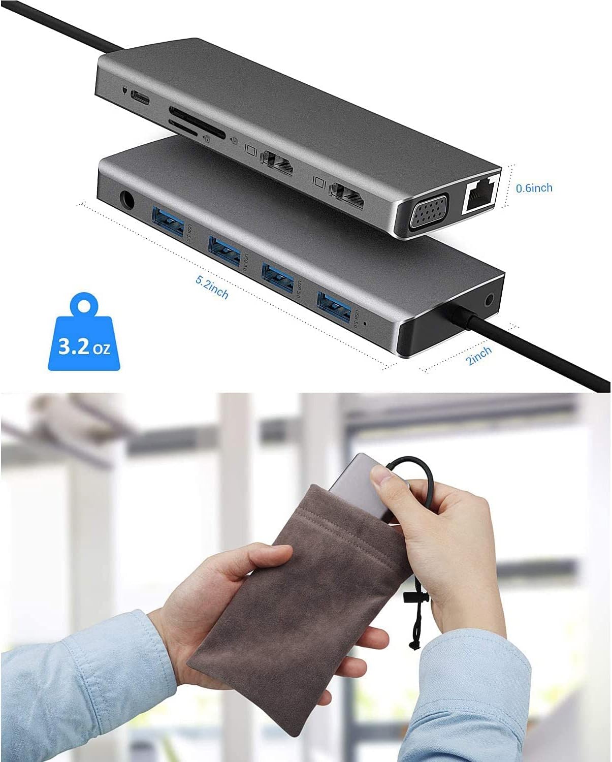 USB C Docking Station Dual Monitor, 12-in-1 Triple Display USB C Adapter for Windows，MacBook Pro with Dual 4K HDMI, VGA, Gigabit Ethernet, 1 USB 3.0, 3 USB 2.0, 100W PD, SD/TF Card Reader, AUX