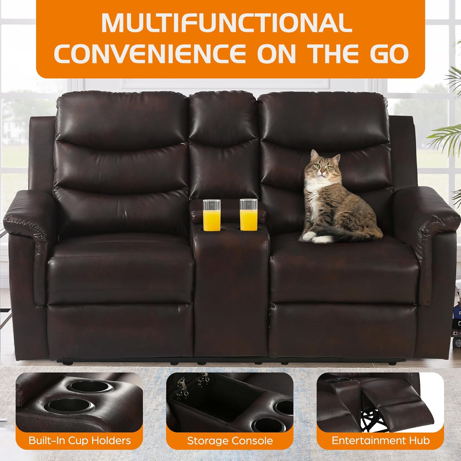 RV Loveseat Recliner Furniture Sofa - 68" Wall Hugger RV Couch with Console Cup Holder - Double Seat Reclining Chair for Motorhomes Camper Travel Trailers Fifth Wheel Browm
