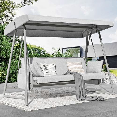 3-4 Person Oversized Outdoor Porch Swing with Adjustable Backrest Canopy,2-in-1 Swing Bed 800 lbs Capacity,Patio Swing with Removable Cushions for Yard Garden Poolside Balcony