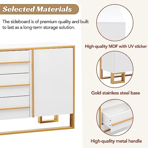 Modern Buffet Table Sideboard Cabinet Credenza, Living Room Cabinets Large Buffet Cabinet with Adjustable Shelves 3 Drawers 2 Doors for Kitchen Dining Room, White and Gold Buffet