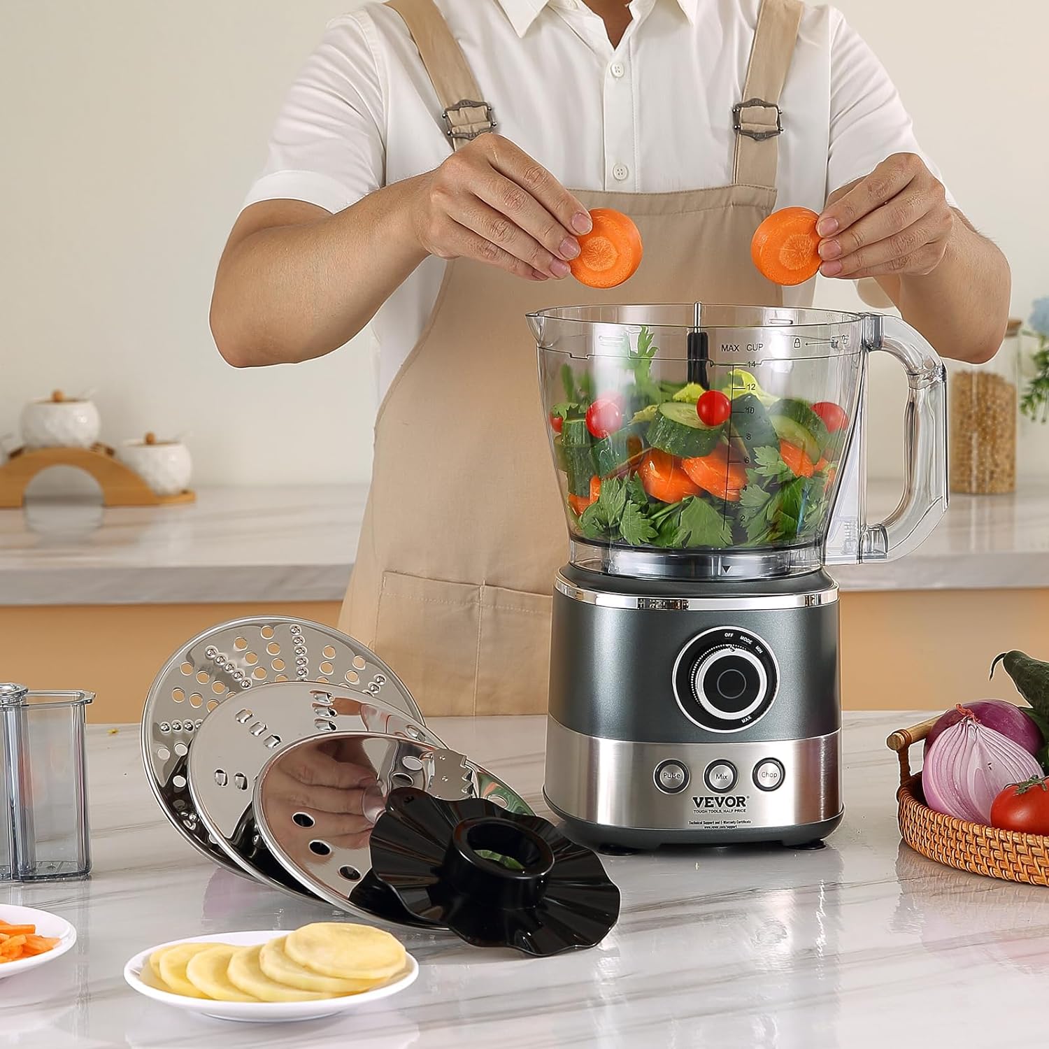 Vevor  650W 14-Cup Vegetable Chopper 2-Speed Stainless Steel Blade Electric Food Processor, Gray