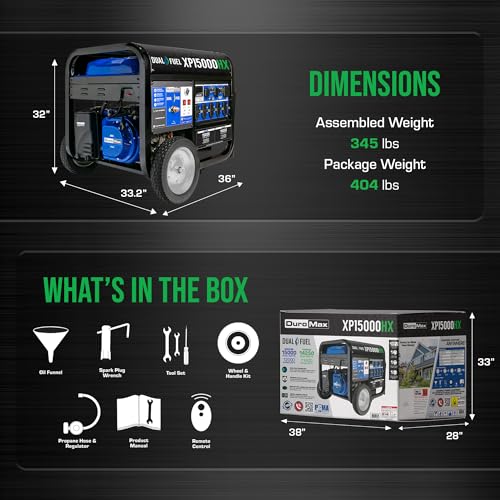 DuroMax XP13000HXT 13,000-Watt 500cc Tri Fuel Gas Propane Natural Gas Portable Generator with CO Alert, Black/Blue