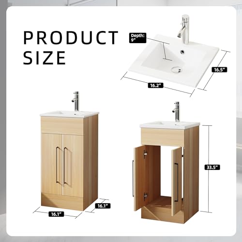 16” Bathroom Vanity Sink Combo for Small Space, Pedestal White Sink Storage Cabinet with 2 Doors, Oak