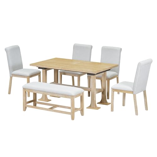 Farmhouse 6-Piece Extendable Dining Table Set, Trestle Kitchen Table Set with Removable Leaf and Upholstered Chair and Bench, Designed for A Large Family (Dark Brown/B)
