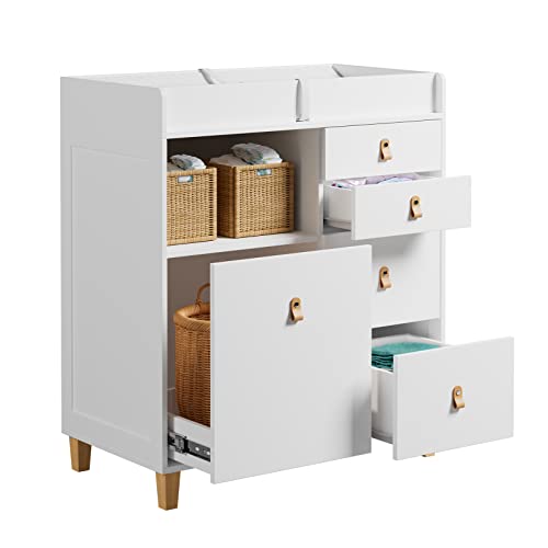 Baby Changing Table Dresser, 33.5" Baby Nursery Dresser with Drawers & Shelf, Wooden Storage Dresser Chest w/Changing Station for Infant Kids Bedroom, White