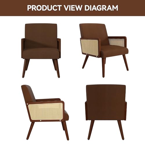Rattan Accent Chair, Linen Fabric Upholstered Armchair with Wood Legs, Mid Century Modern Reading Comfy Lounge Chair with Spring Support, for Living Room Bedroom,Yellow Green