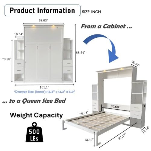 Queen Size Murphy Bed Wall Bed with 2 Side Cabinet Storage Shelf & Desk Combo,68-inch Vertical Wall Bedframe w/Can Be Folded for Bedroom Guest Room Small Space, White