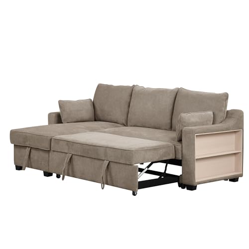 90" Pull Out Sleeper Sofa for Living Room, L-Shaped Couch Convertible Sofa Bed with Storage Chaise, Storage Racks and USB Ports, Space-Saving Design (Light Brown)