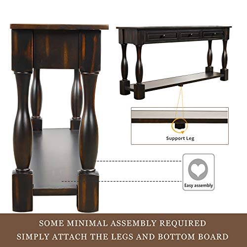 Solid Wood 64" Long Console Table with 3 Drawers and Bottom Shelf, Sofa Couch Table Entryway Table Side Table for Entryway, Hallway, Living Room, Bedroom