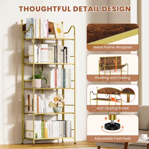 Folding Bookshelf No Assembly, 5 Shelf Black Folding Bookcase, Industrial Tall Metal Collapsible Corner Book Shelf with Storage Shelves for Bedroom, Living Room, Home Office Organization