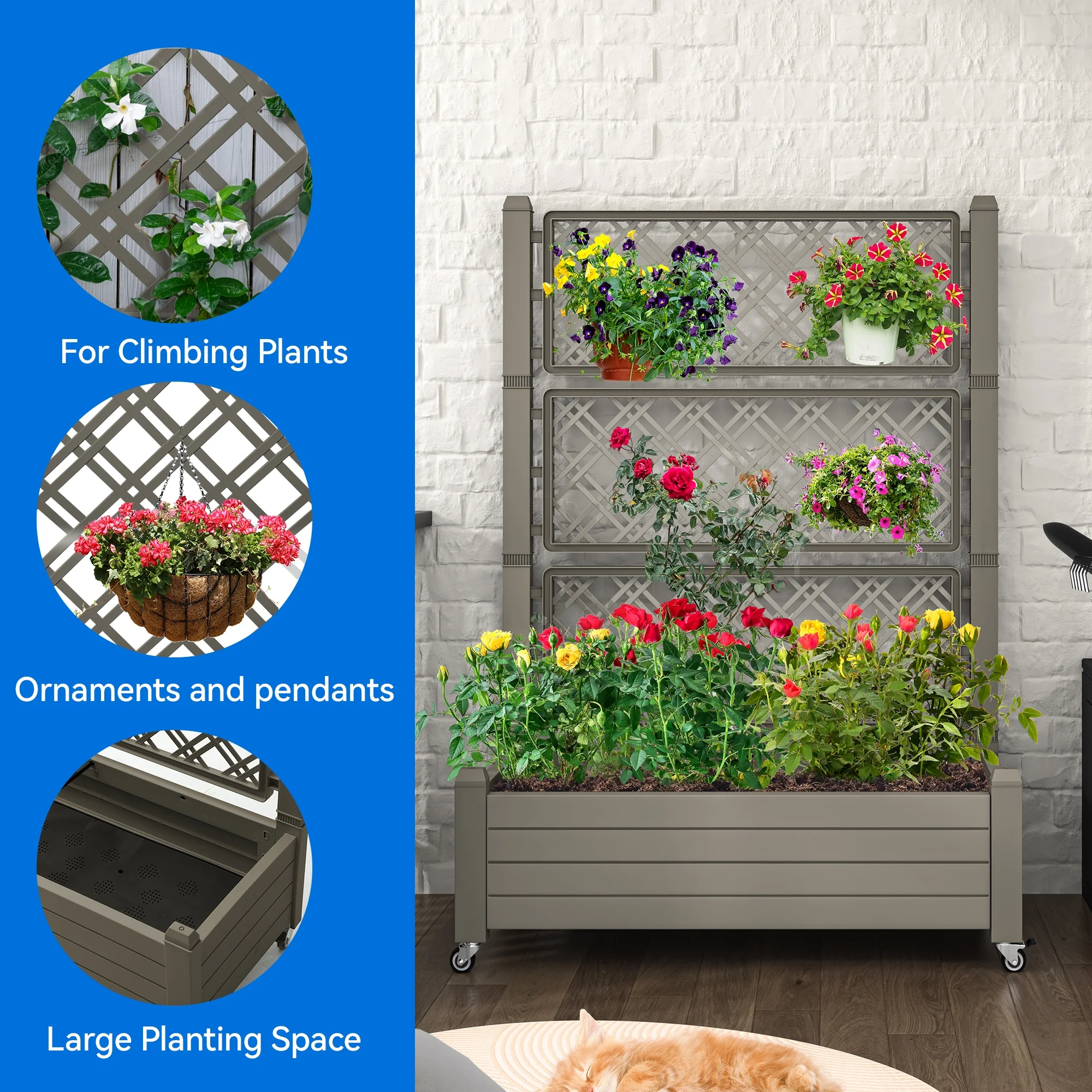 Dextrus 61'' Large Planter Box; Outdoor Raised Garden Bed with Trellis and Lockable Wheels,Ideal for Vines and Climbing Plants,with Drain Plug,43.3"L x 17.7"W x 61"H - Light Brown
